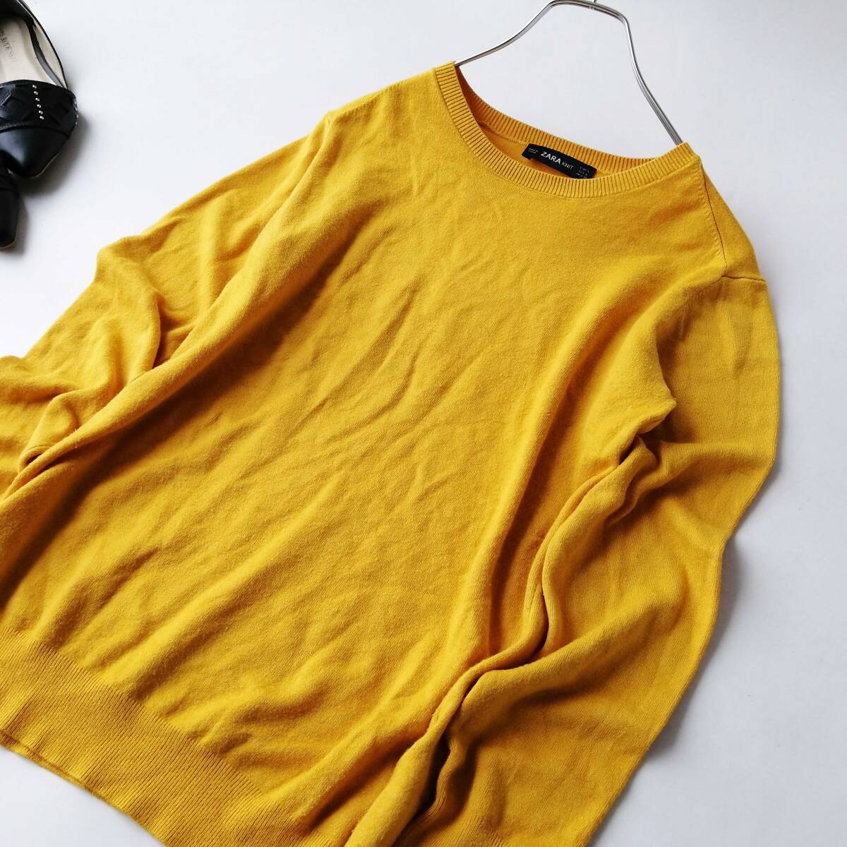 ZARA KNIT ザラ レディース♪薄手 長袖ニット セーター 袖パール付き♪ イエロー Lサイズ 260709nr【4点同梱で送料無料】