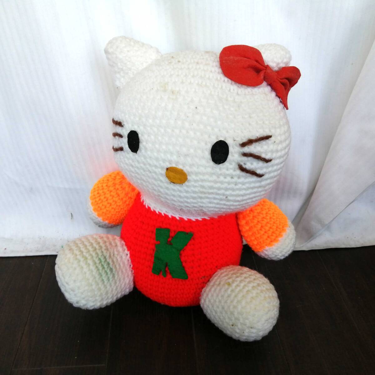 ハローキティ ぬいぐるみ あみぐるみ 手編み風 毛糸 ニット 人形 サンリオ 当時物 レトロ 昭和レトロ ファンシー【ジャンク/現状品】