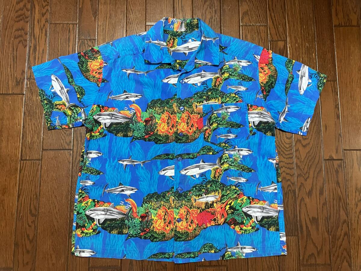 サメ アロハシャツ ブルー 青 シャーク 鮫 ＳＨＡＲＫ 海 検索 ジョーズ ハンドメイド