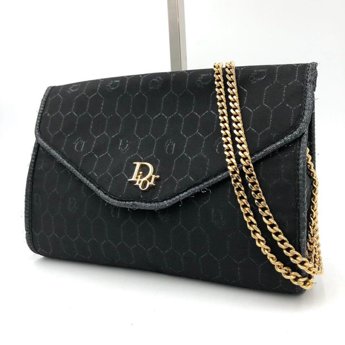 【美品&超激レア】 Dior チェーン ショルダーバッグ 黒 ブラック ラメ ハニカム柄 ロゴ金具 ゴールド ヴィンテージ 最高級