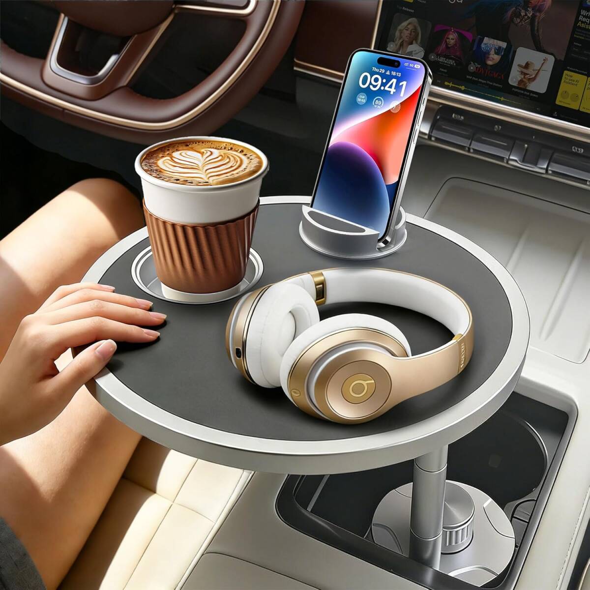 車載テーブル ドリンクホルダーに取付 車内ワーク テレワーク 丸型 ブラック/Y42448-M3
