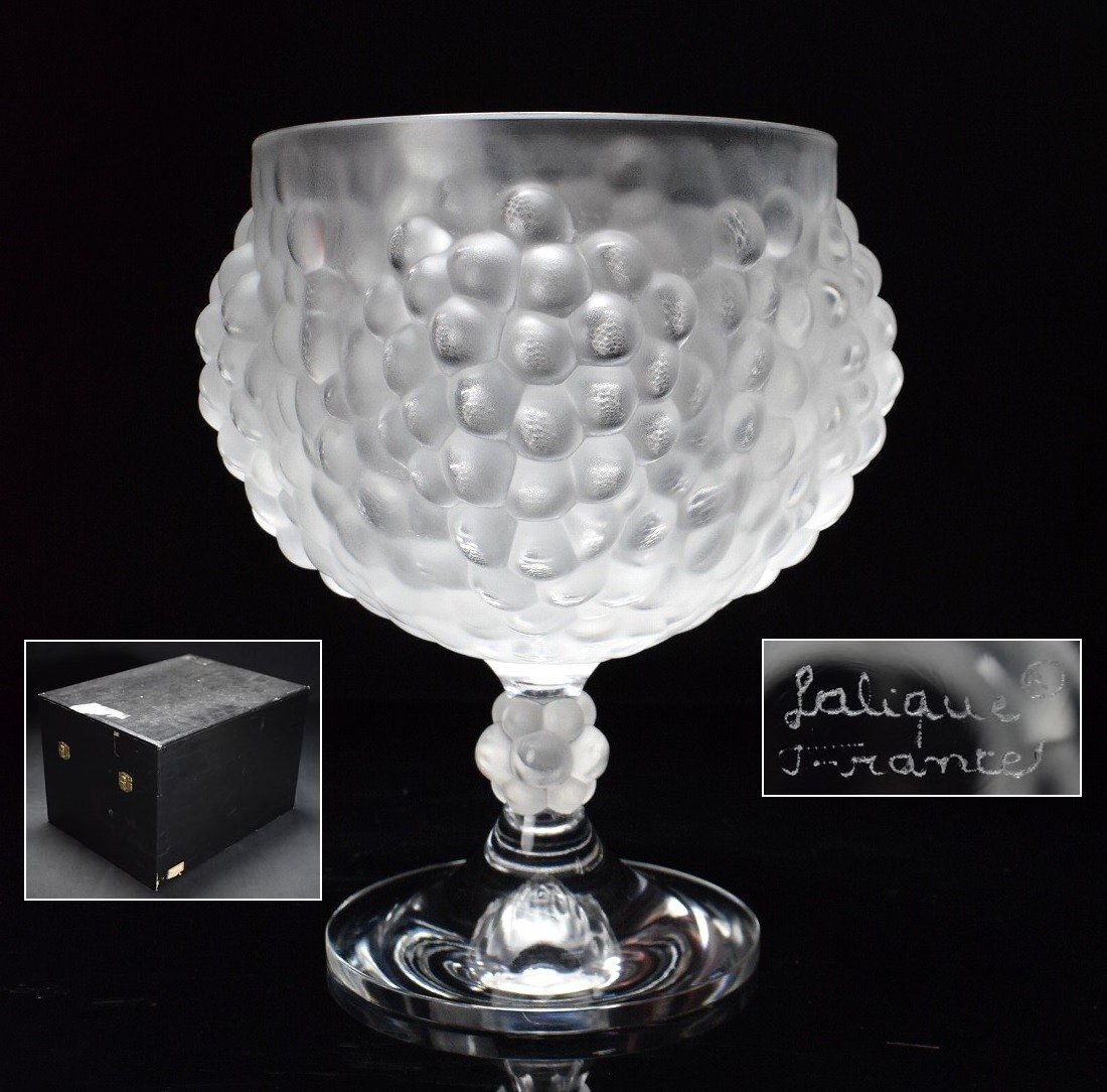 大型作品 ラリック クリスタルガラス LALIQUE 陽刻葡萄 ボウル 花瓶 高29.5cm/直径24cm 箱付 フラワーベース フランス 花器