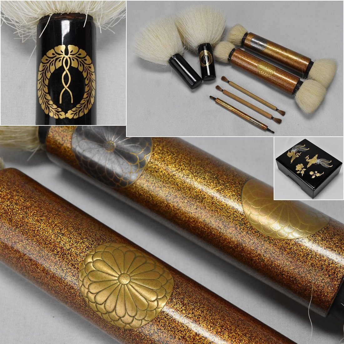 時代 梨地蒔絵 菊御紋 本願寺九条下り藤紋蒔絵 化粧道具 刷毛 ７点 鳳凰箱付 大名道具