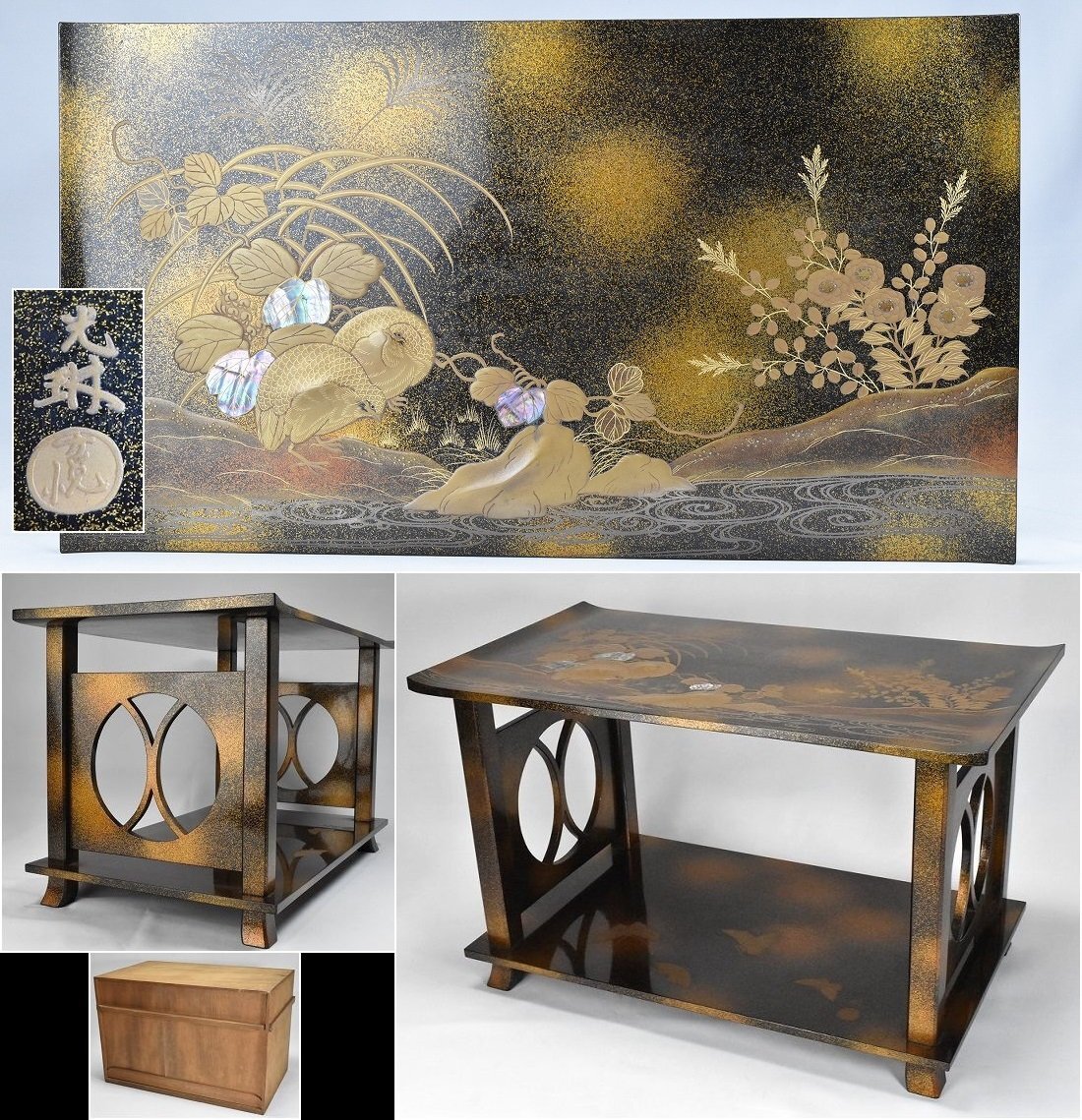 光琳蒔絵 鶉蝶蒔絵 螺鈿 梨地 在銘 冠卓 二段卓 香炉台 花台 飾台 箱付 漆芸 木製