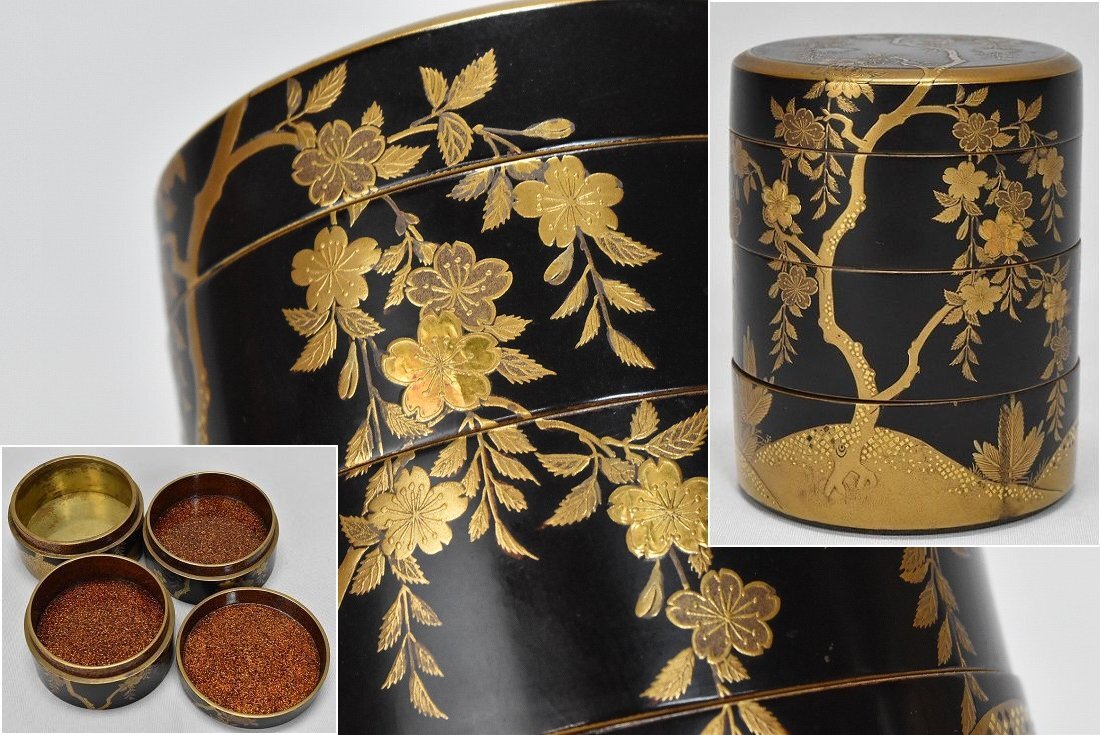 香道具 内梨地 切金 桜蒔絵 時代 重香合 木製 漆器 漆芸 日本美術 　　　　　　検索語句)香木沈香伽羅