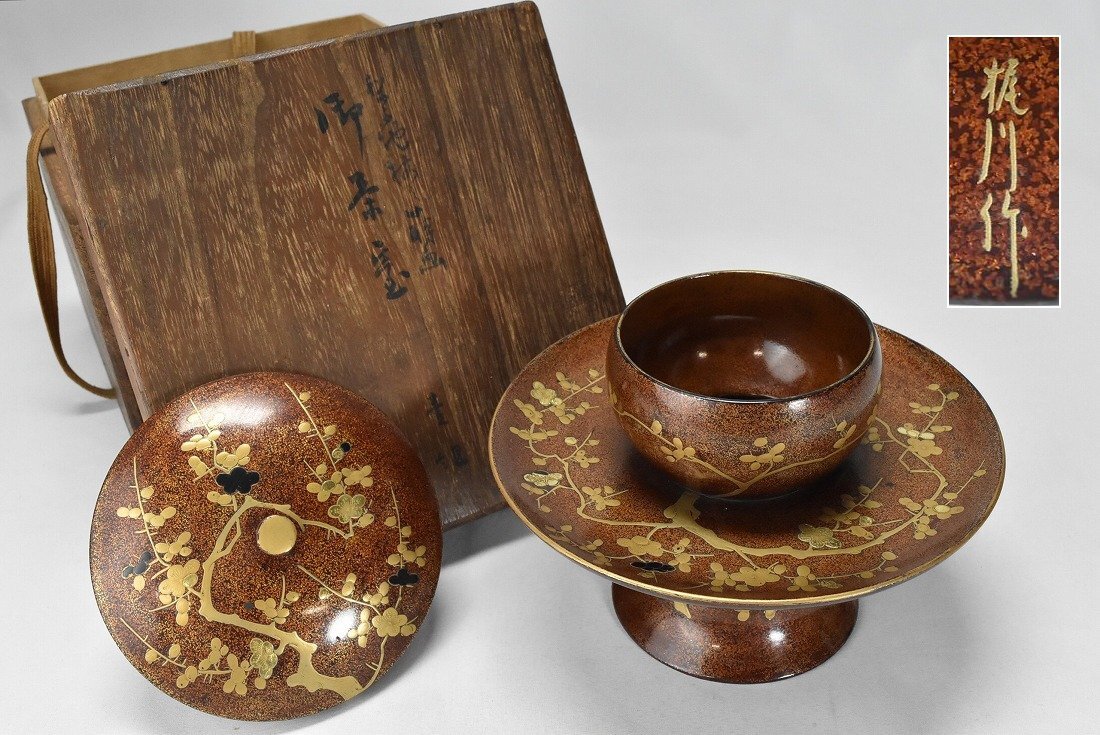梨地梅蒔絵 梶川 漆塗 木製 御茶台 天目台 盃台 天目台 蓋付 茶碗台 時代 漆器 箱付 茶道具 古美術品