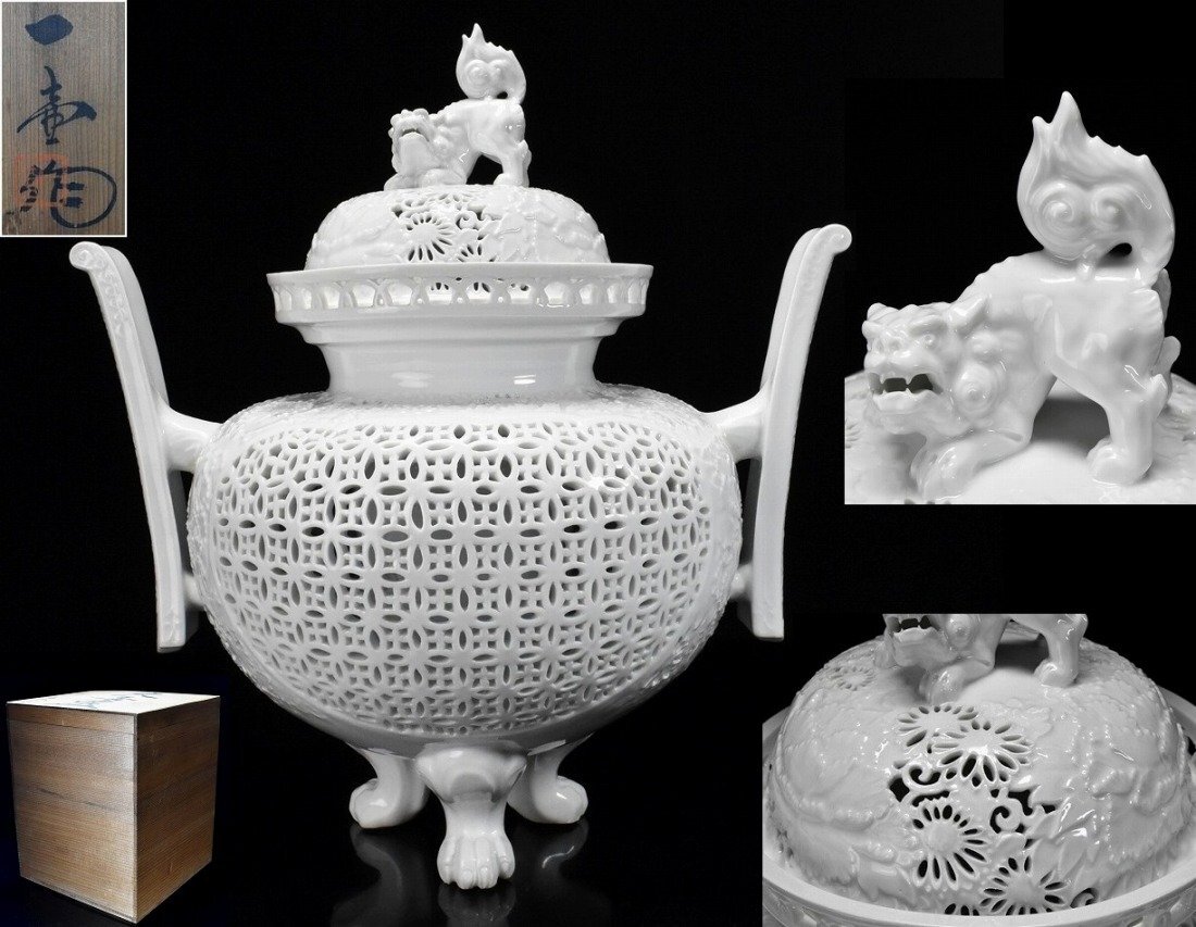大型【杉原一壷】白磁 獅子摘蓋 菊牡丹細工 透かし 大香炉 高38cm 共箱