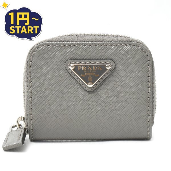 【1円～】プラダ PRADA トライアングル ロゴ コインケース 小物入れ サフィアーノレザー グレー 中古