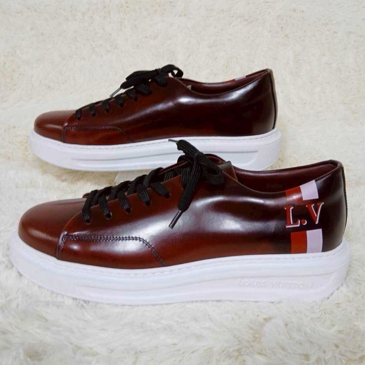 未使用級 LOUIS VUITTON ルイヴィトン スニーカー シューズ レザー 靴 ローカット 7.5 ブラウン 靴 ビバリーヒルズライン ロゴ 