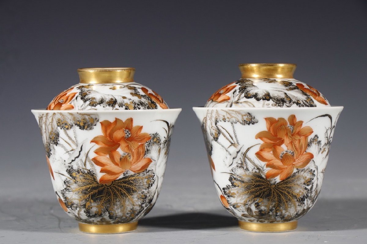 【雲錦】清 乾隆年製款 琺瑯彩 墨彩描金 荷花文 蓋碗 高9cm 清朝 中国古玩 茶器 煎茶道具 骨董0725-HP