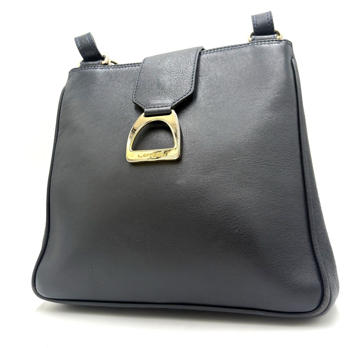 A ■ 洗練されたデザイン!! 'ゴールド金具装飾' LANCEL ランセル LEATHER ハンドバッグ 手提げ 肩掛け鞄 レディース カバン ネイビー系
