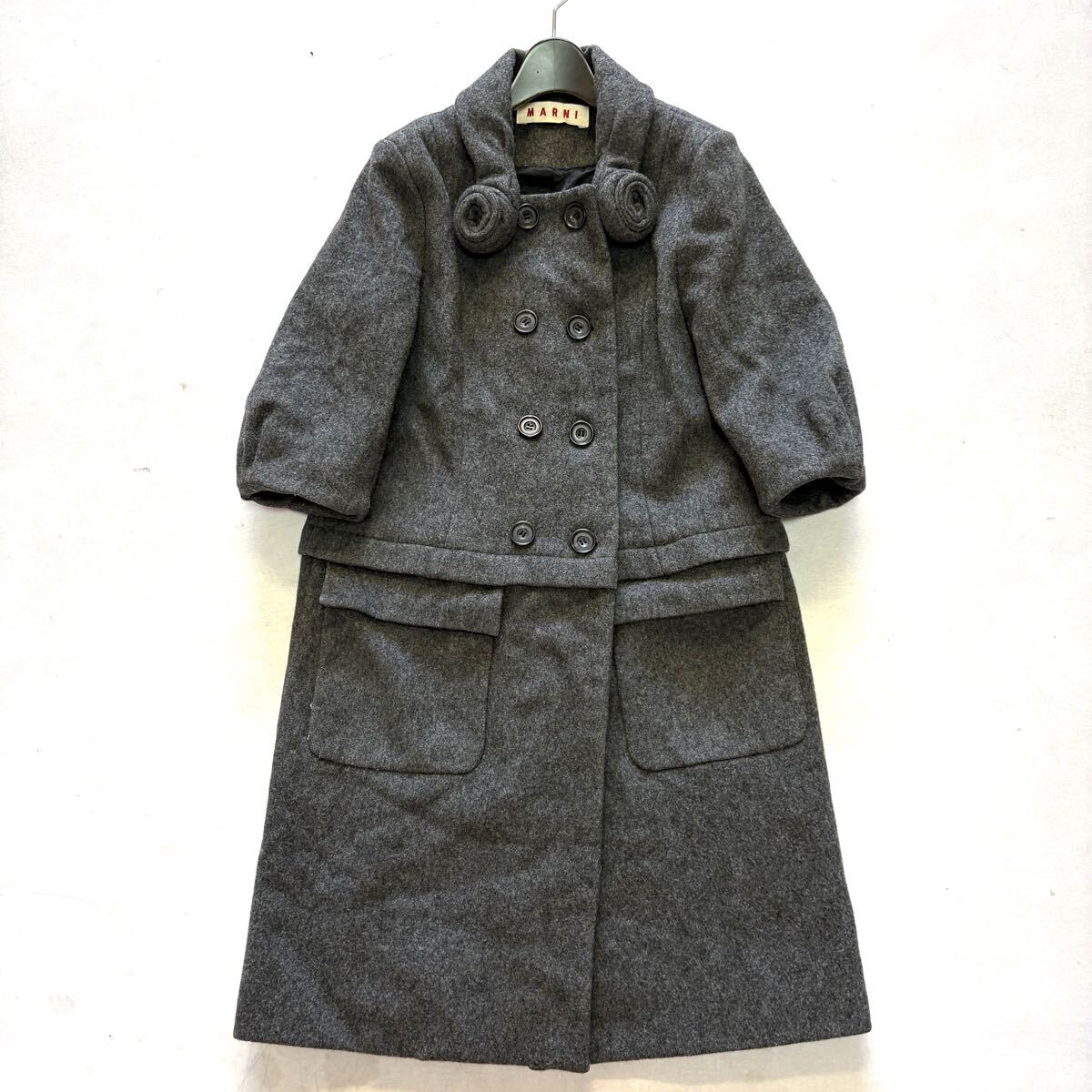 B■ 良品 '洗練されたデザイン' MARNI マルニ 五分丈 WOOL100% ダブルブレスト ウール コート 38 レディース 高級婦人服 アウター グレー系