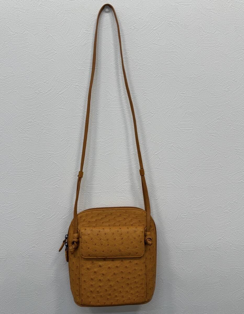 1541★【未使用/美品】本革 オーストリッチ ミニショルダーバッグ ポシェット キャメル Wファスナー 斜め掛け スクエア型 経年保管品