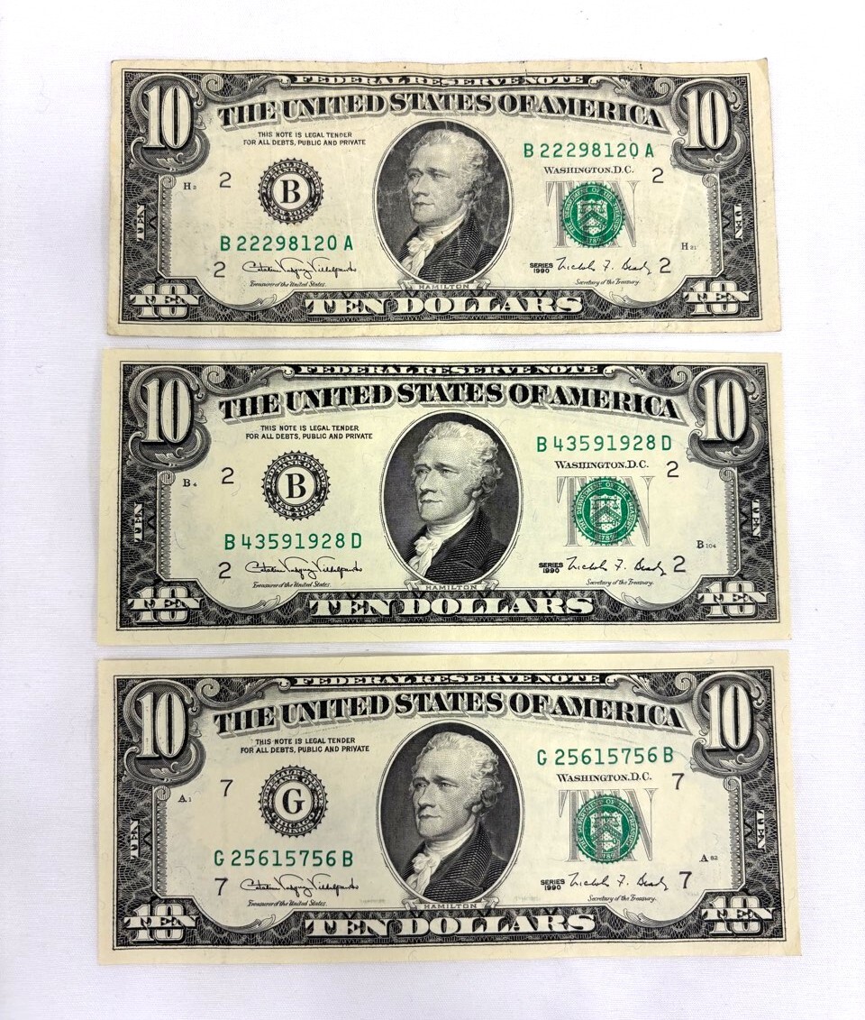 (HE5966) 米ドル 10ドル紙幣 3枚セット 額面30ドル 1990年 アメリカ 旧デザイン 外国紙幣 コレクション コレクター
