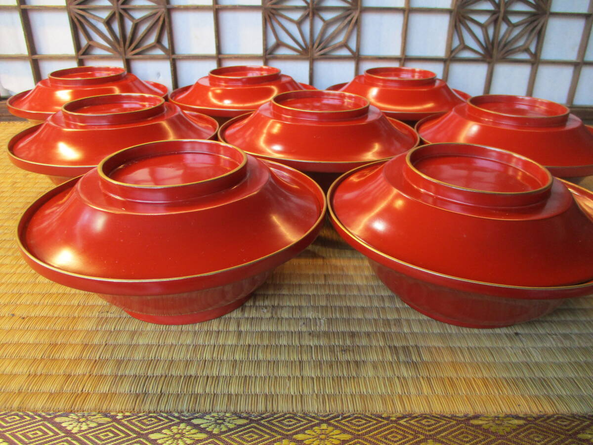 《和》輪島塗　金縁　朱塗り大平椀8客　（そば・煮物等）会席　お店使い　漆器　天然木　