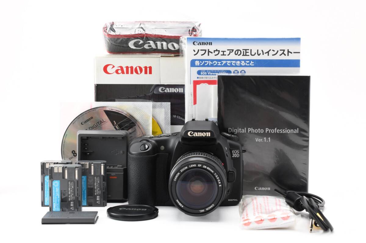 ★元箱あり 動作品★ Canon キヤノン EOS 20D / 28-80mm F3.5-5.6 Ⅱレンズ 充電器 純正バッテリー3個 取説等付