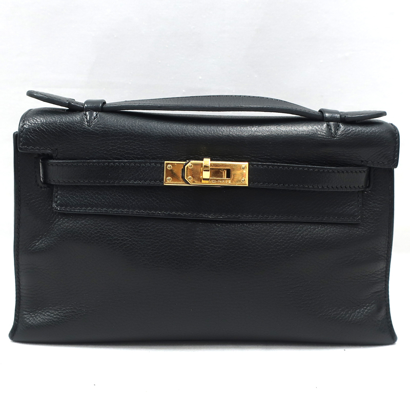 【美品】HERMES／エルメス　ポシェットケリー　エヴァーグレイン　ブラック　□H刻印　ハンドバッグ　800060120