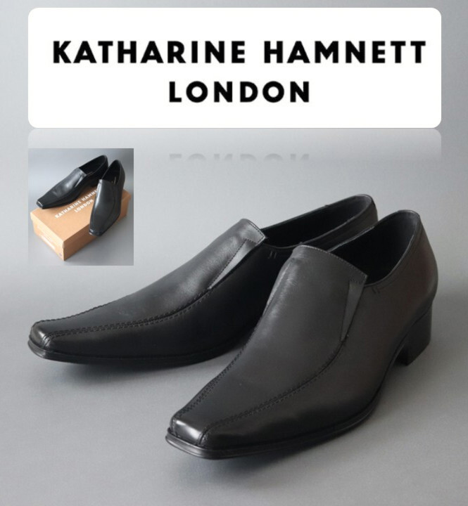 新品箱付き【キャサリンハムネット LONDON】本革 ロングノーズ ドレスシューズ ビジネス革靴 黒 27cm v8498