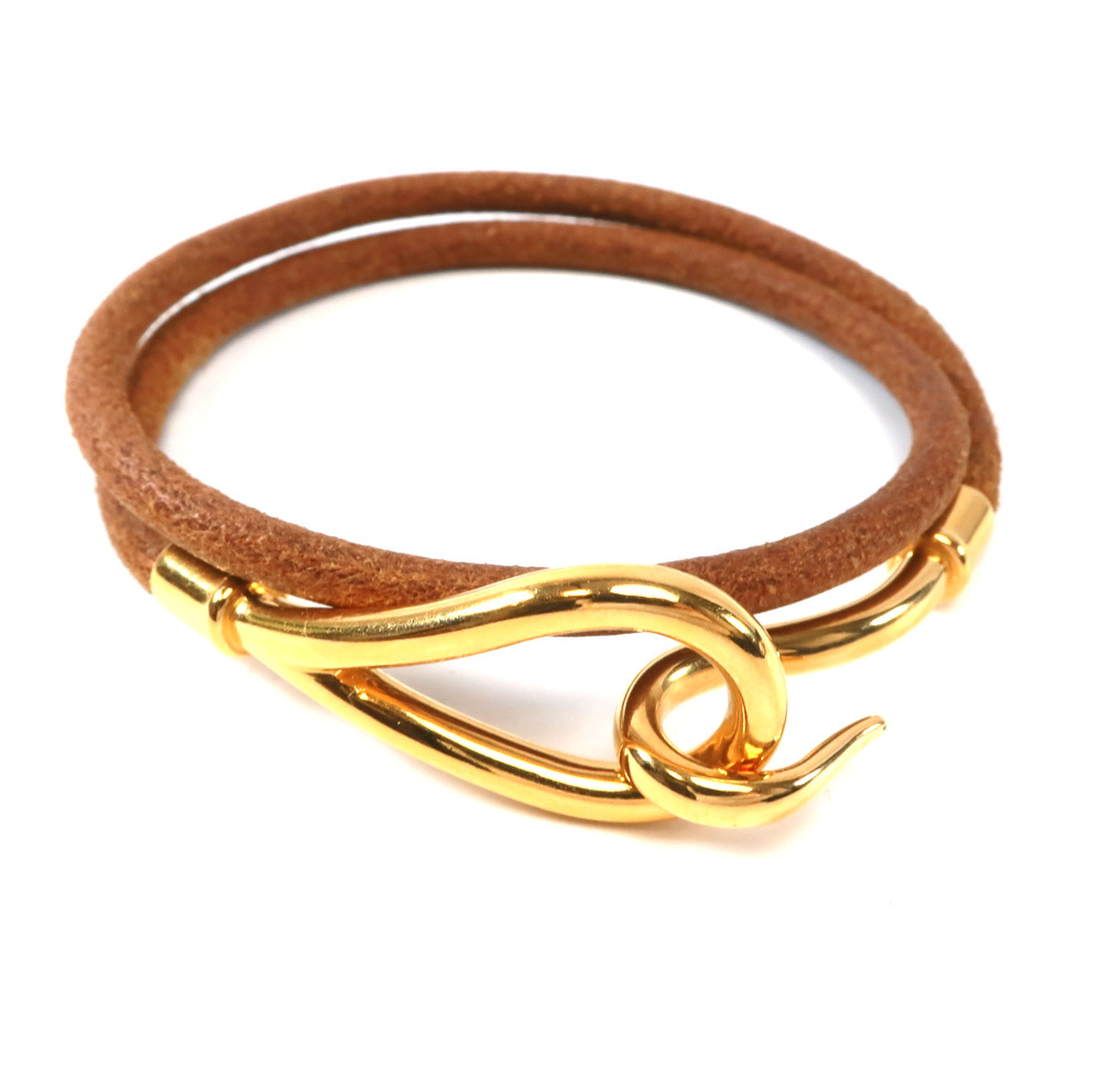 美品 エルメス HERMES ジャンボ チョーカー 2連ブレスレット レザー ゴールド金具 / 34921