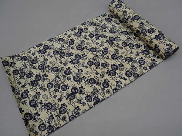 A21-16【凛々】即決 新古品 綿紬 ゆかた反物 灰緑 菊 未仕立て品