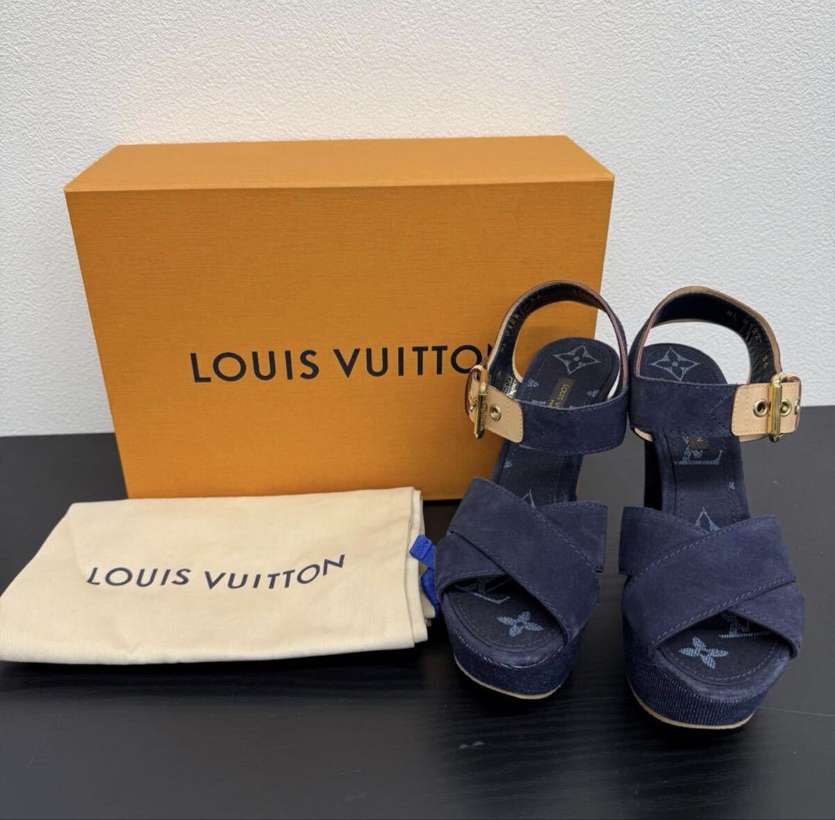 LOUIS VUITTON ルイヴィトン デニム×スエード ウェッジサンダル 箱付
