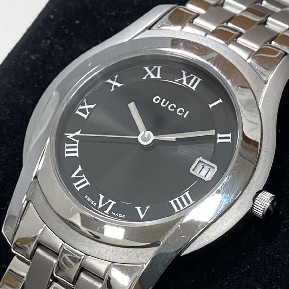 【美品】GUCCI グッチ 5500M デイト ブラック文字盤 クォーツ メンズ腕時計 不動品