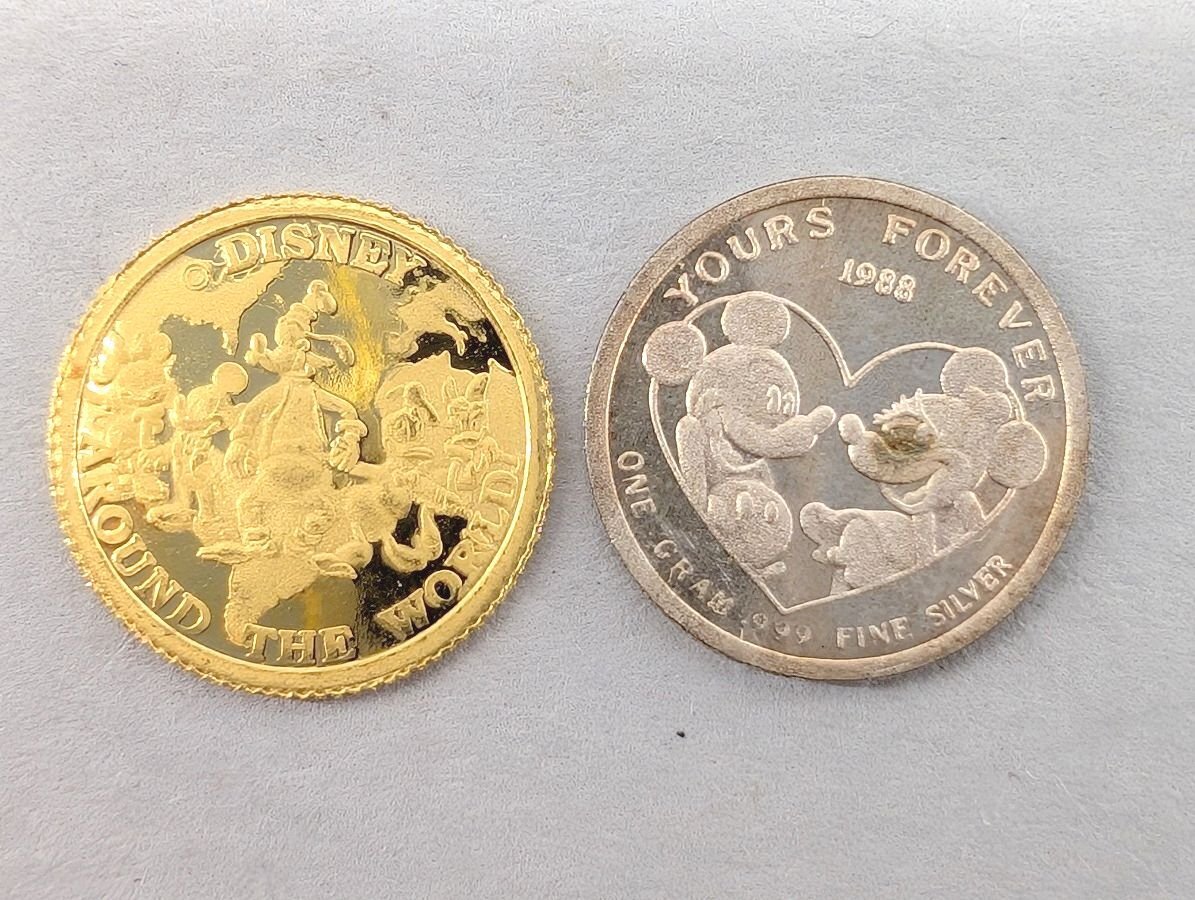 純金 純銀 金貨 銀貨 2点まとめて 各1g ディズニー ミッキーマウス ピーターパン GOLD・SILVER コイン メダル[03-8511