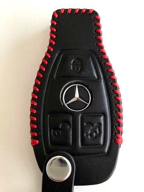 牛革ぴったりフィット ベンツ キーレスゴー用 スマートキーケース 黒色縫い糸赤 ベンツ キーケース Benz キーケース 1