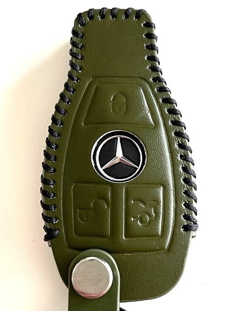 牛革ぴったりフィット ベンツ キーレスゴー用 スマートキーケース カーキ色縫い糸黒 ベンツ キーケース Benz キーケース 1