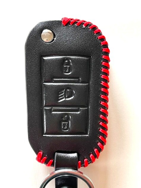 牛革ぴったり収まる プジョー スマートキーケース シトロエン 黒色縫い糸赤 プジョー キーケース シトロエン キーケース 1