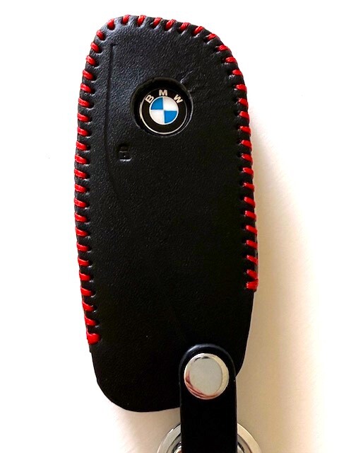 牛革ジャストフィット 新型BMW スマートキーケース 黒色縫い糸赤 新型BMW キーケース 現行BMW キーケース BMW キーケース 1