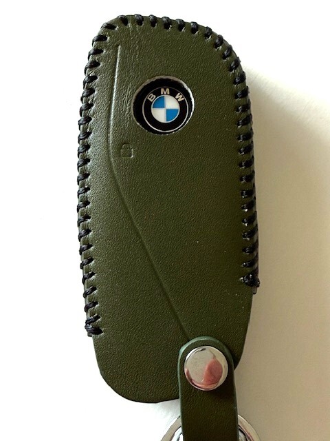 牛革ジャストフィット 新型BMW スマートキーケース カーキ色縫い糸黒 新型BMW キーケース 現行BMW キーケース BMW キーケース 1