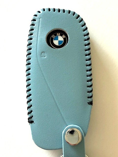 牛革ジャストフィット 新型BMW スマートキーケース パステルブルー色縫い糸黒 新型BMW キーケース 現行BMW キーケース BMW キーケース 1