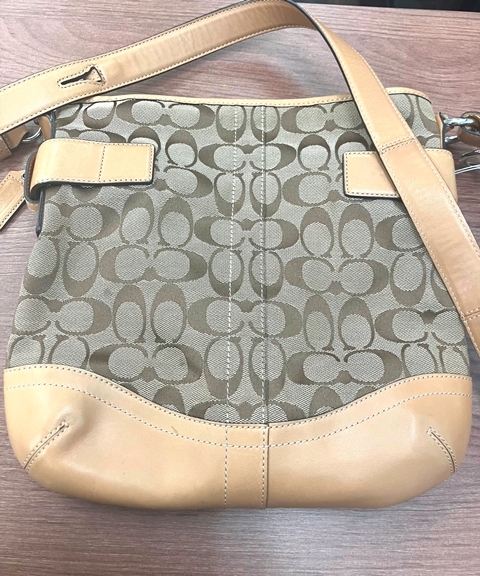 □H114980:COACH コーチ シグネチャー柄 ショルダーバッグ ハンドバッグ F03574 キャンバス レザー　保存袋あり