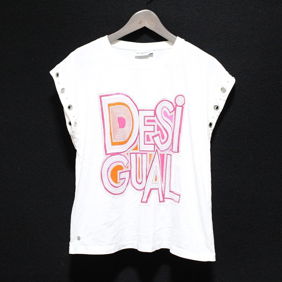 Desigual デシグアル ロゴ刺繍 そでなし Tシャツ 白 L