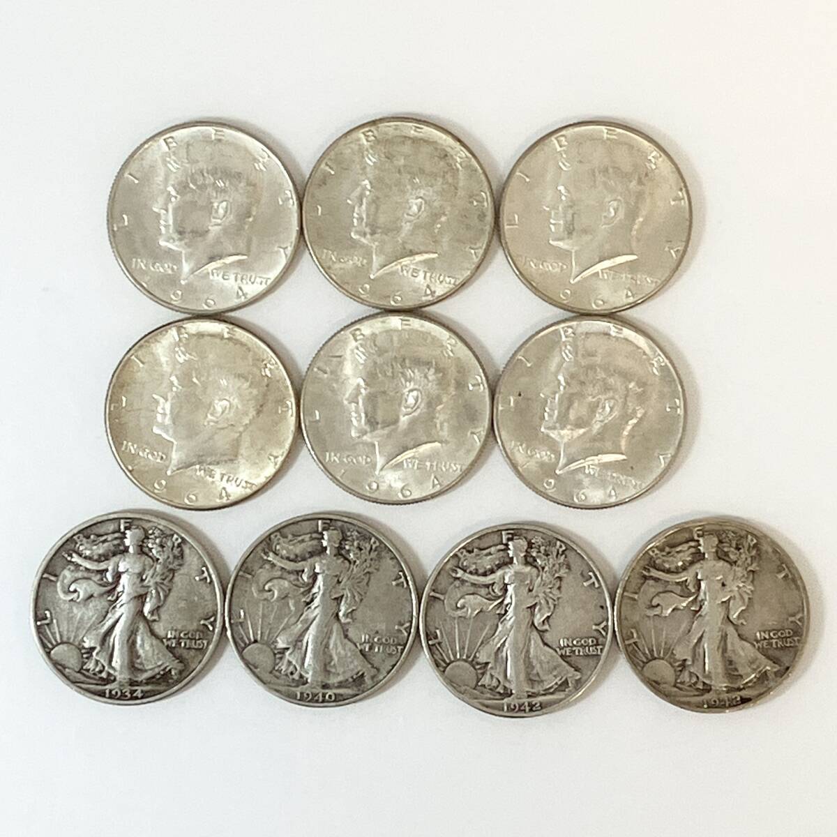 アメリカ 50セント銀貨 合計10枚 総重量約124.8g 1964年 ケネディ 1934 40 42年 ウォーキング・リバティ 銀 約90% シルバー コイン 古銭 