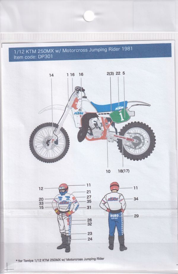 1／12 KTM 250MX w/ライダー付き デカールのみ オートバイ タミヤ