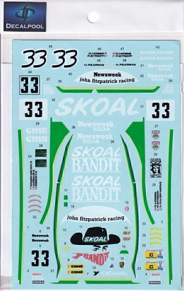1/24 Pordsche 956 Skoal Bandit #33 84 LeMans デカールのみ タミヤ