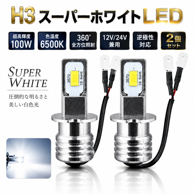 H3 LEDフォグランプ 2個セット 超高輝度 100W 6500K スーパーホワイト 360度照射 Ip67防水 逆極性対応 12V/24V兼用 フォグライト LEDバルブ