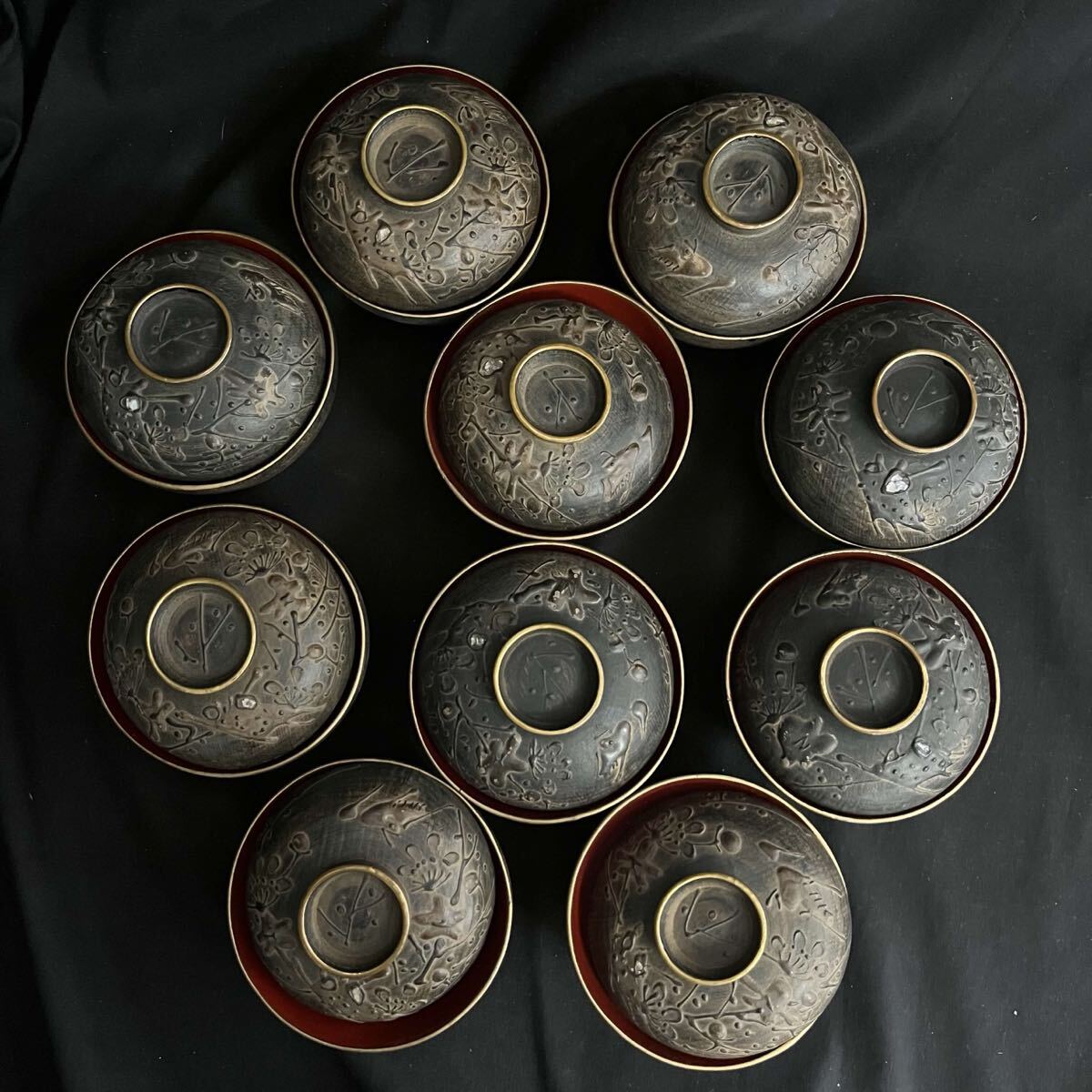 R 会津塗 茶碗 汁物 鉄錆塗 10点まとめ 錆漆 和食器 雑煮碗 お正月 木製品 木製食器 梅 蓋付き 朱色 富士山 松 金彩 R26071511
