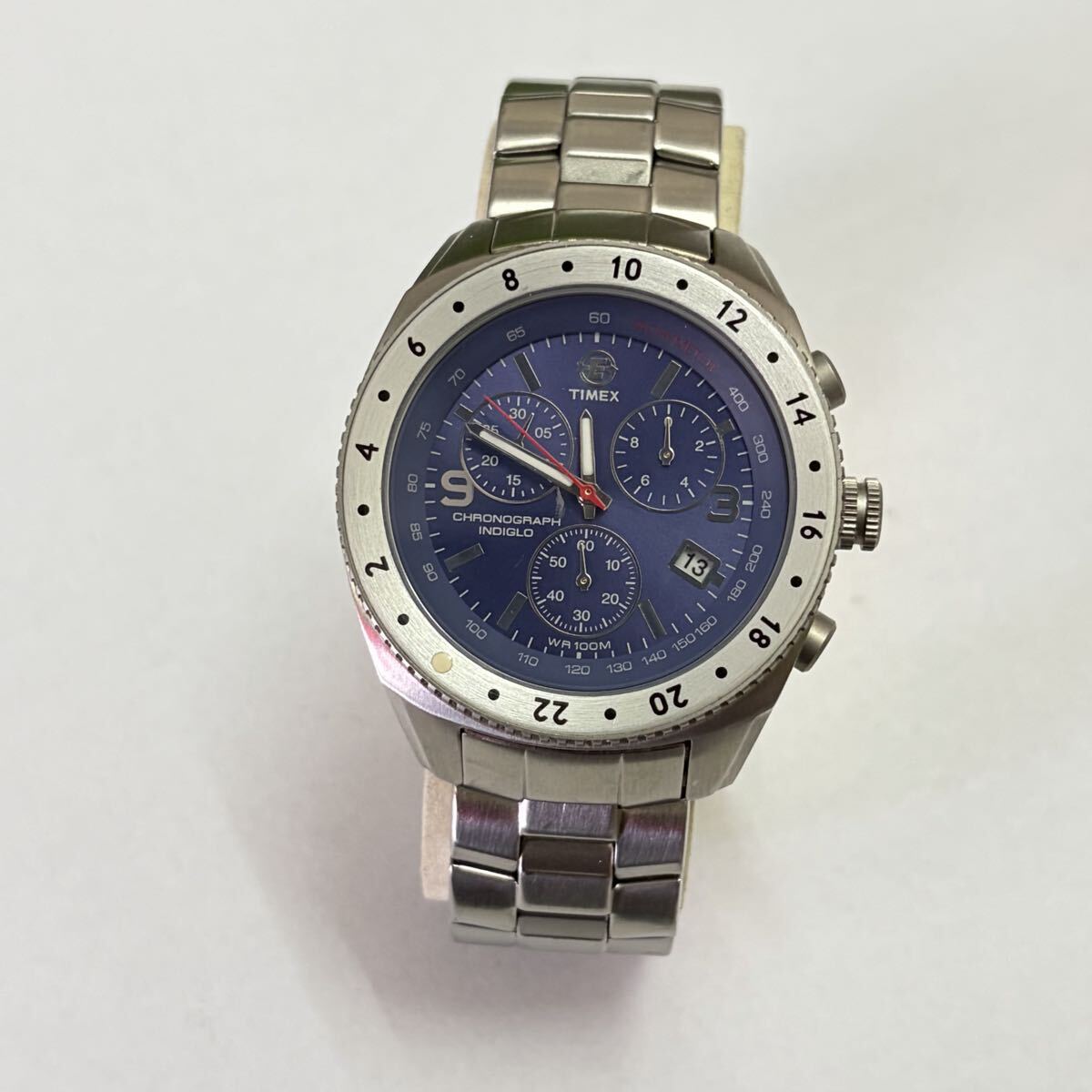 【稼働品】TIMEX タイメックス 921 M9 インディグロ クロノグラフ WR100M 青文字盤 メンズ 腕時計