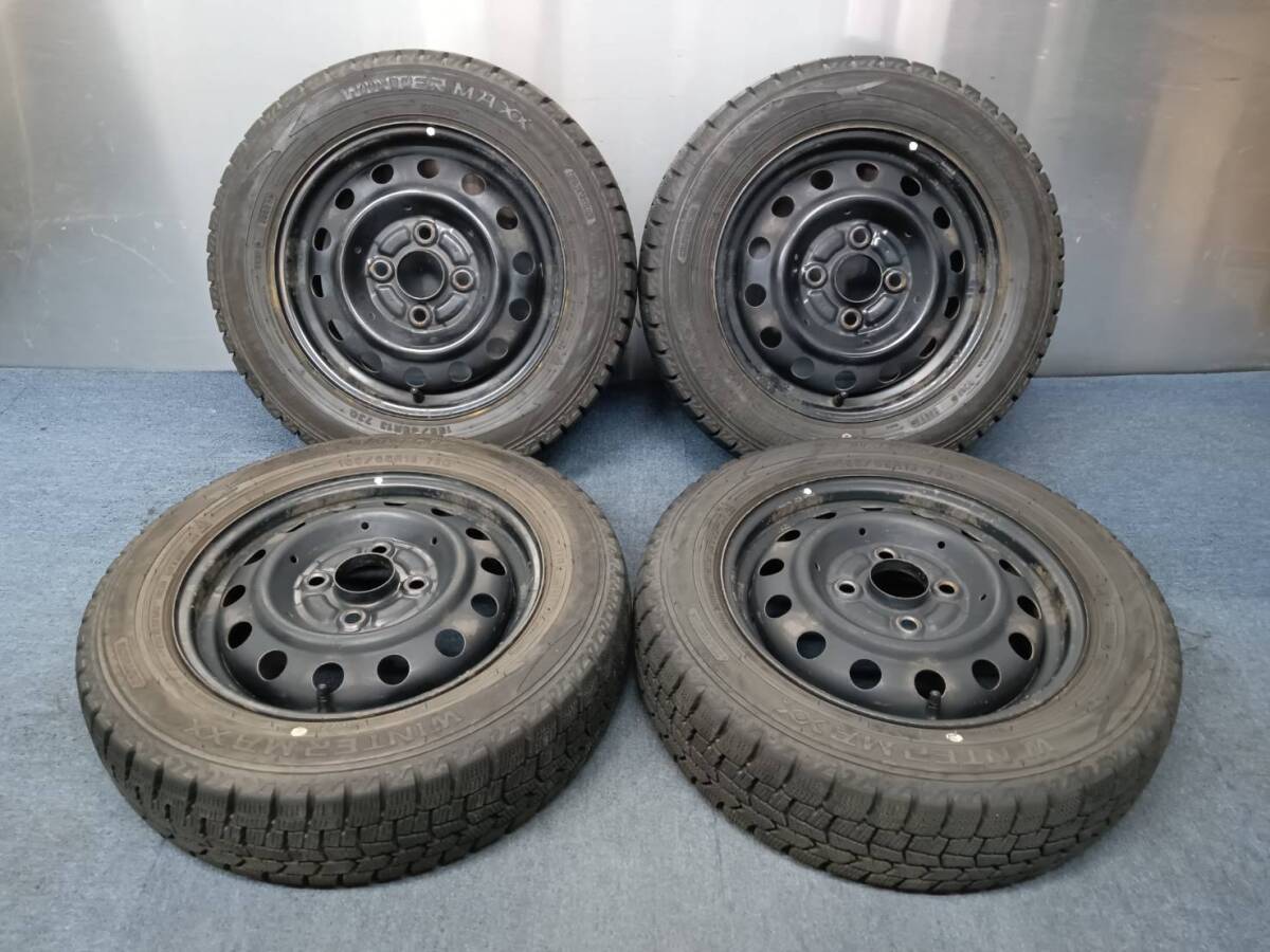 ★8-8.5分山★22年製★ ダンロップWINTER MAXX WM02 155/65R13　スチールホイール 13×4J 4H-100 4本セット スタッドレス 軽自動車等　A6