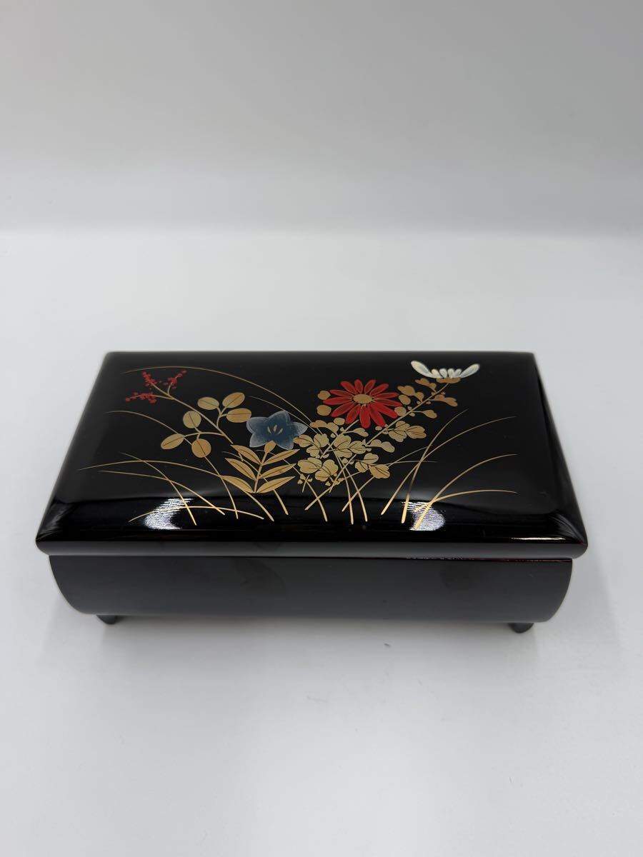 【美品】会津漆器風 蒔絵 蒔絵調 オルゴール付き ジュエリーボックス アクセサリーケース 鏡付き（秋草・菊・桔梗柄）昭和レトロ