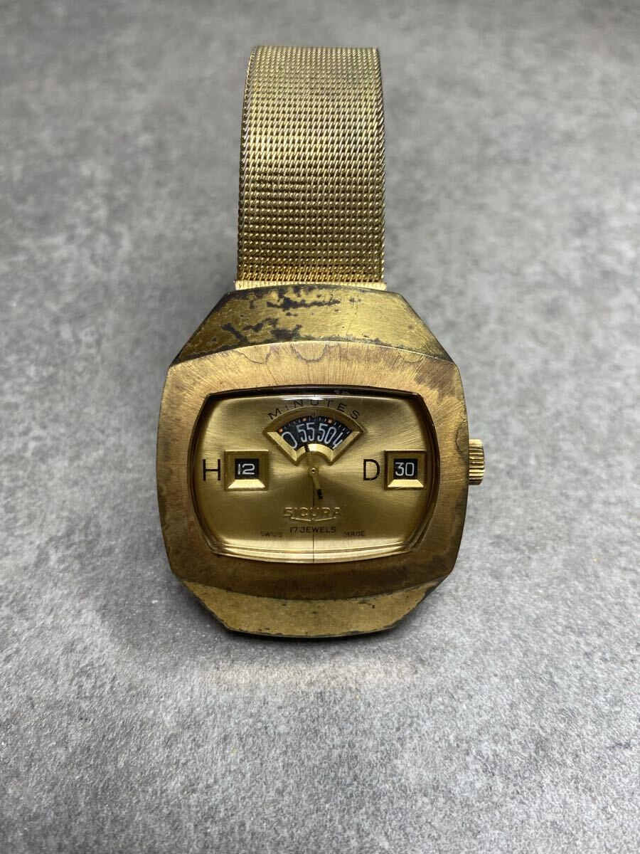 SICURA シクラ　メカデジ ジャンピングアワー　ヴィンテージ　腕時計 ゴールド文字盤　現状品　部品取り　ジャンク品　メンズ　腕時計