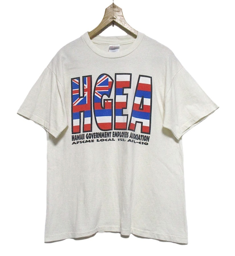 90s Vintage MADE IN USA 古着 HEGA HAWAII GOVERNMENT EMPLOYEES ASSOCIATION ハワイ公務員労働組合 ロゴ Tシャツ Hanes Lサイズ USA製 