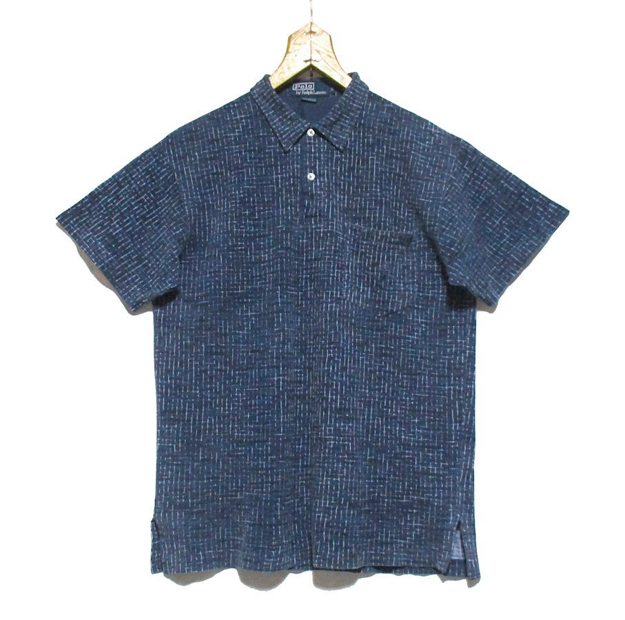 90s Vintage USED USA古着　Polo by Ralph Lauren ポロ ラルフローレン かすり柄 絣柄 鹿の子 胸ポケット付き ポロシャツ　紺 Sサイズ