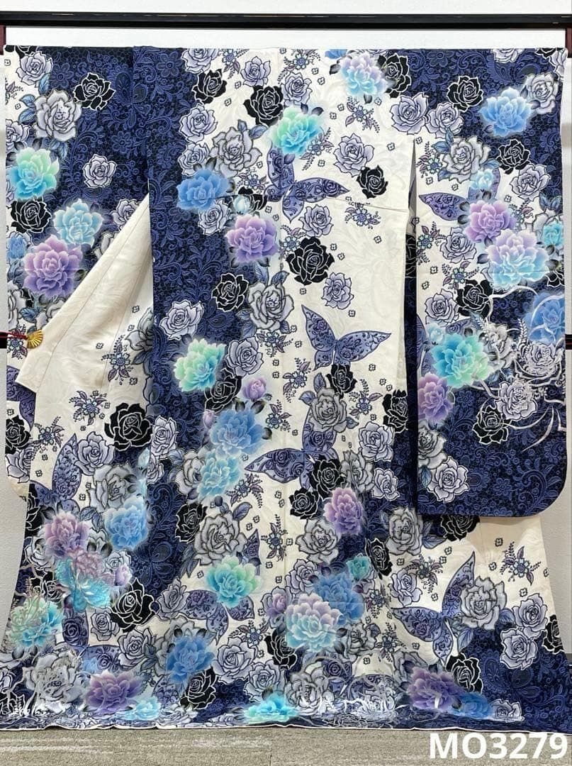 振袖 銀通し 紋意匠 ラメ刺繍 薔薇 身丈170cm 撥水加工済 MO3279