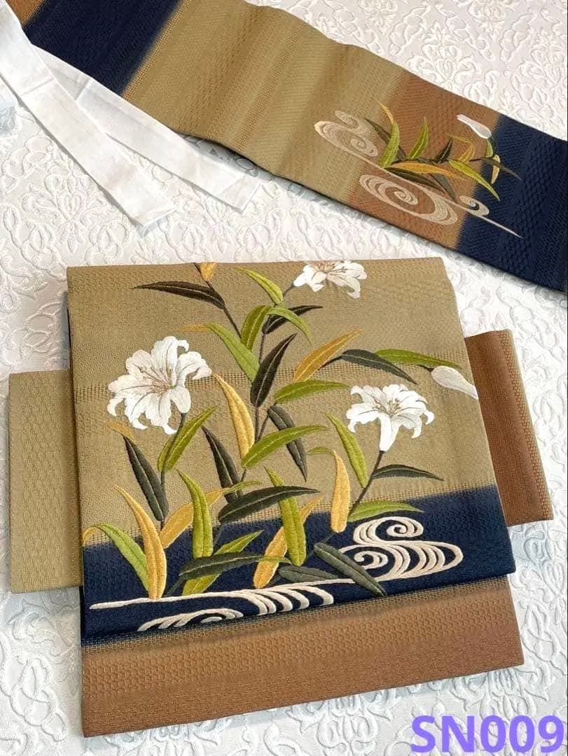 夏物 変わり織 刺繍 切り帯 作り帯 染帯 百合 金糸 正絹 SN009