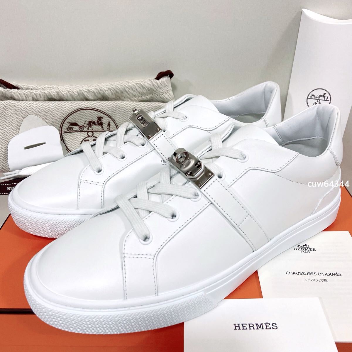 国内正規品 新品・未使用 42（約27㎝前後）Hermes エルメス デイ スニーカー カーフレザー ケリー金具 白 ホワイト BOX・保存袋・カード