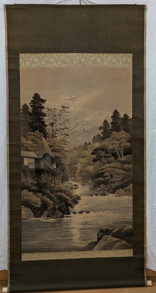 大幅 日本画 銘なし 掛軸 掛け軸 山水 墨画 ウール地？骨牙軸 Japanese hanging scroll 現状お渡し